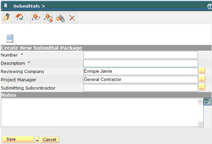 Submittal Package Entry Screen